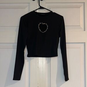 Black Long Sleeve Top with Cut Out Bling Heart Detail